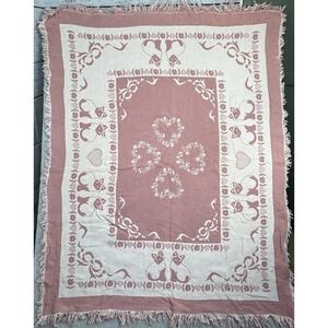 Vintage Goodwin Weavers Cat Heart Throw 60x46 Pink Fringe Cottage Cat Lover